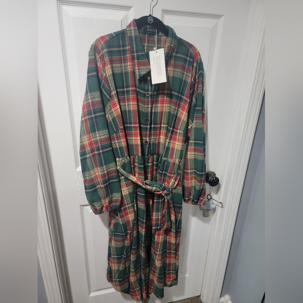 Plaid Button Detail Pocket Belted Arc Hem Dress